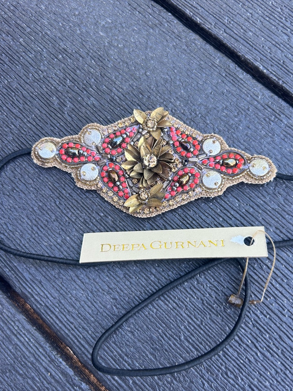 Deepa Gurnani Embellished Floral Headband in Gold and Coral - Boho